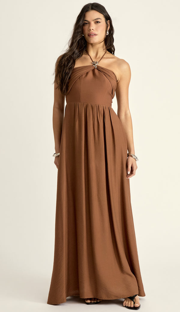 Vestido Longo Poliviscose Michelle Café | Laguna