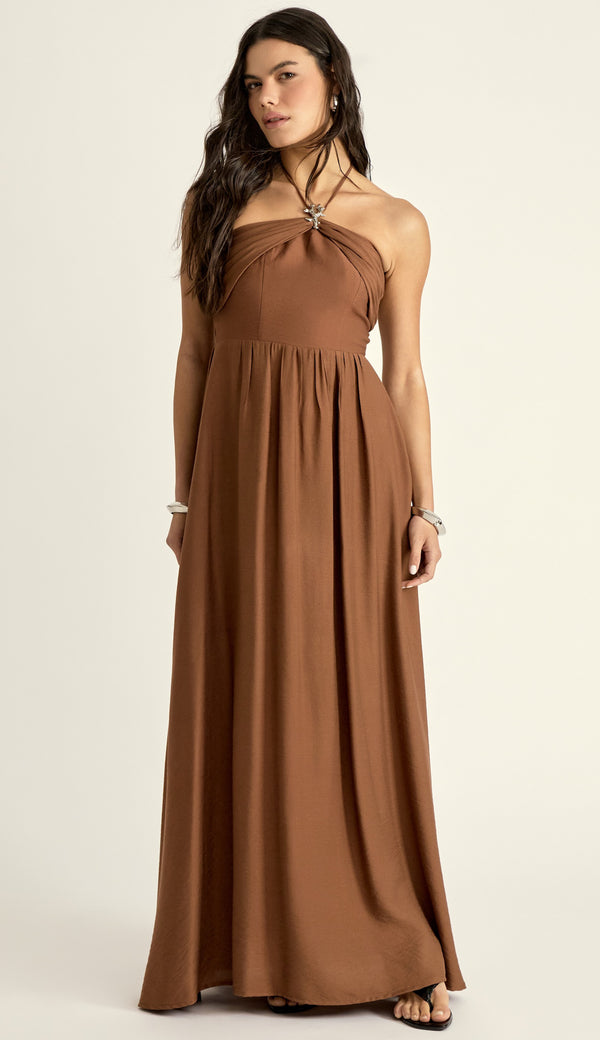 Vestido Longo Poliviscose Michelle Café | Laguna