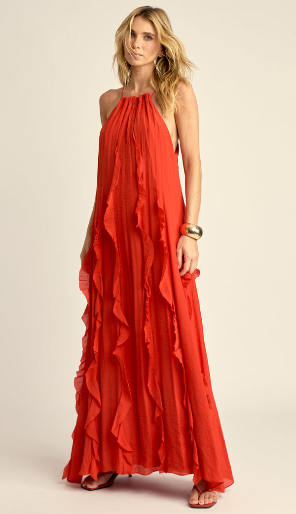 Vestido Longo Babados Poliviscose Moana Cereja | Laguna