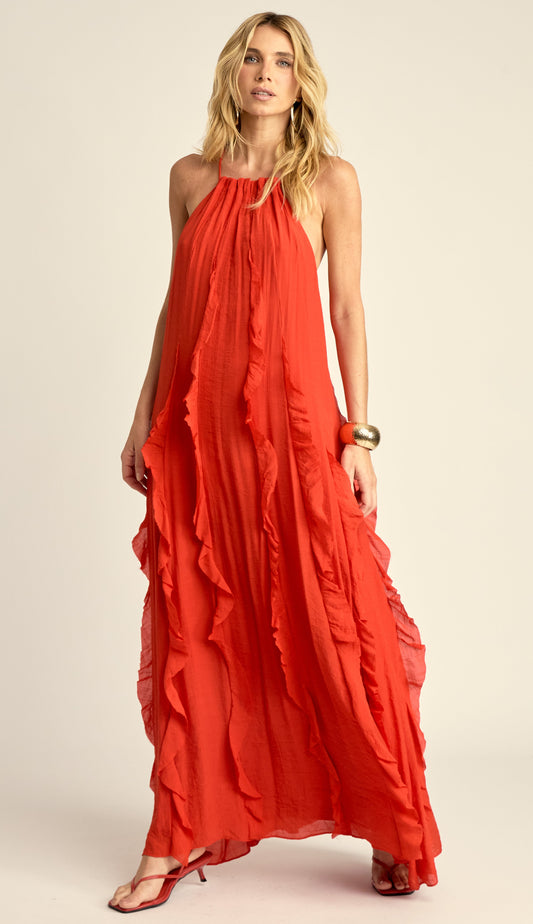 Vestido Longo Babados Poliviscose Moana Cereja | Laguna