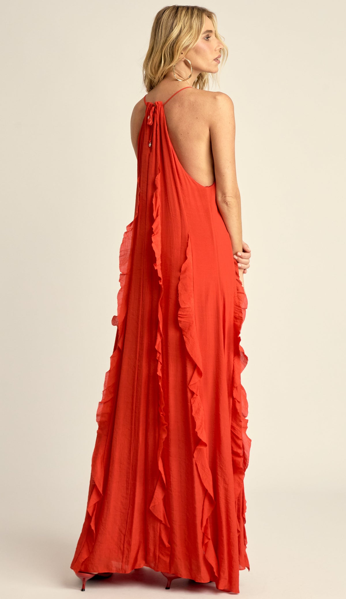Vestido Longo Babados Poliviscose Moana Cereja | Laguna