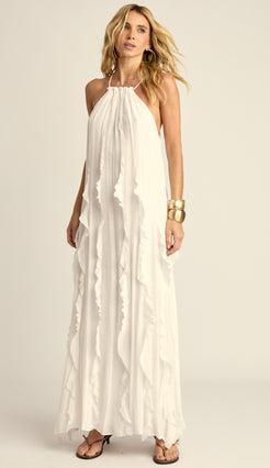 Vestido Longo Babados Poliviscose Moana Off White | Laguna