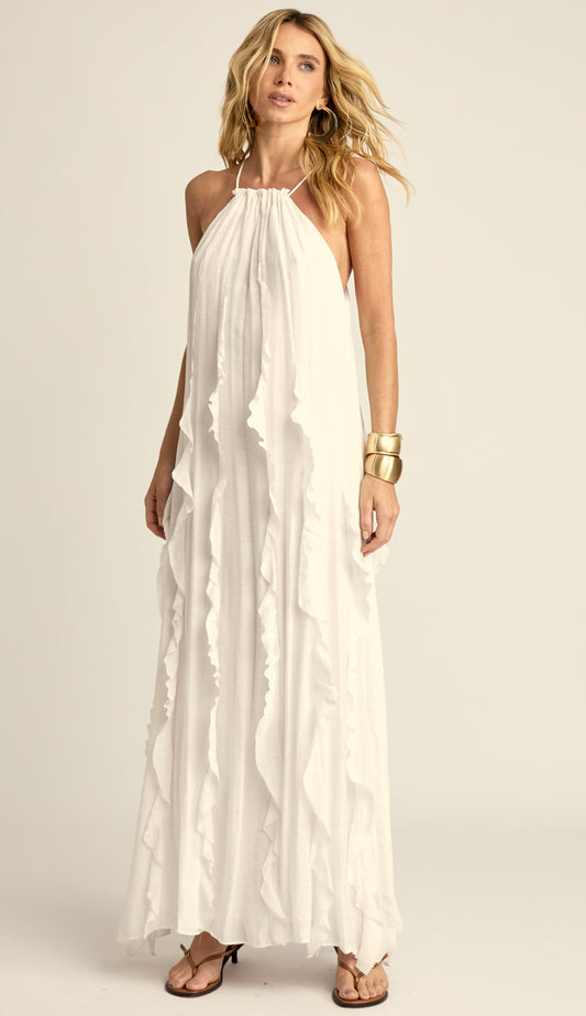 Vestido Longo Babados Poliviscose Moana Off White | Laguna