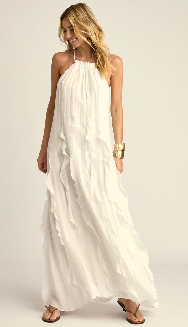 Vestido Longo Babados Poliviscose Moana Off White | Laguna