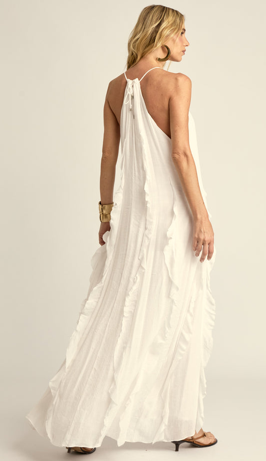 Vestido Longo Babados Poliviscose Moana Off White | Laguna