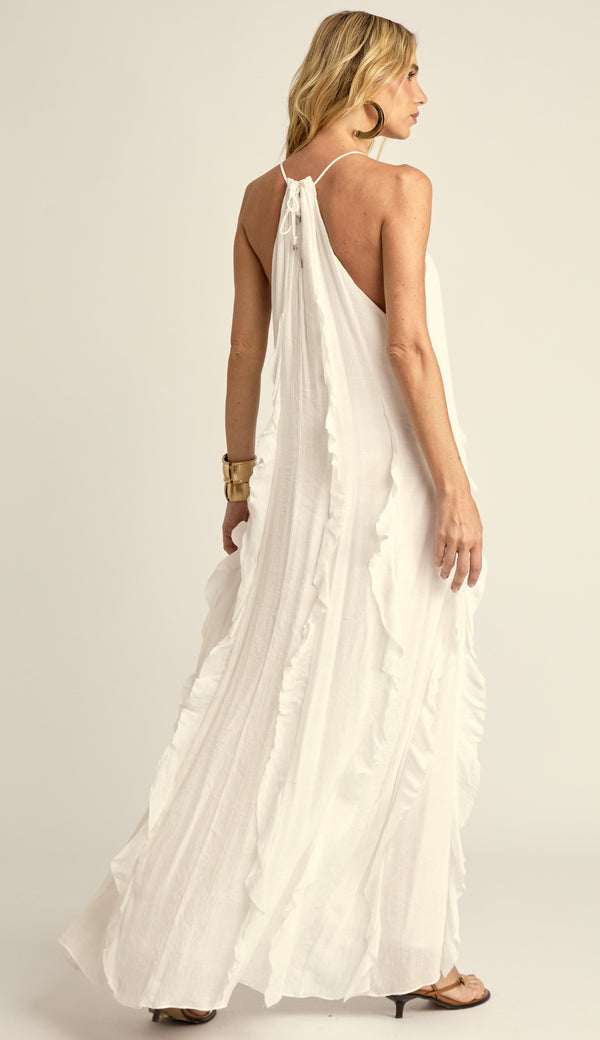 Vestido Longo Babados Poliviscose Moana Off White | Laguna