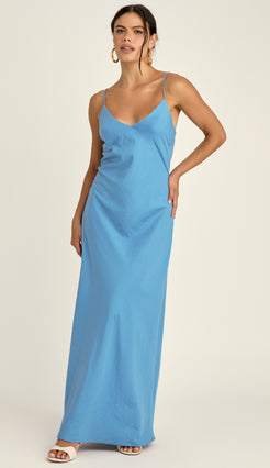 Vestido Longo Slip Dress Acetinado Pérola Azul | Laguna