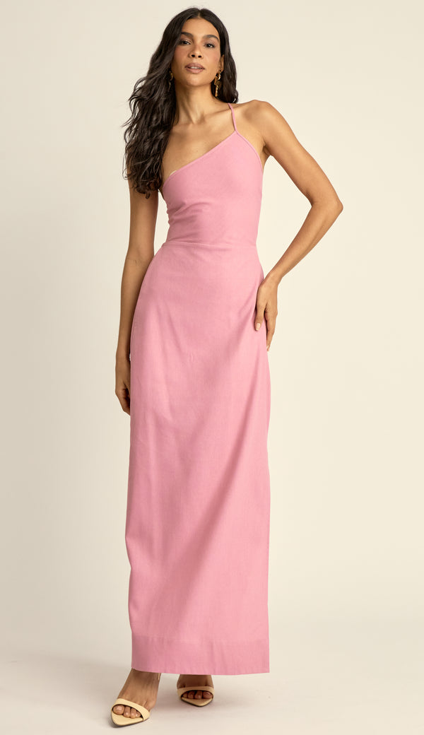 Vestido Longo Ombro Único Linho Regina Rosa | Laguna
