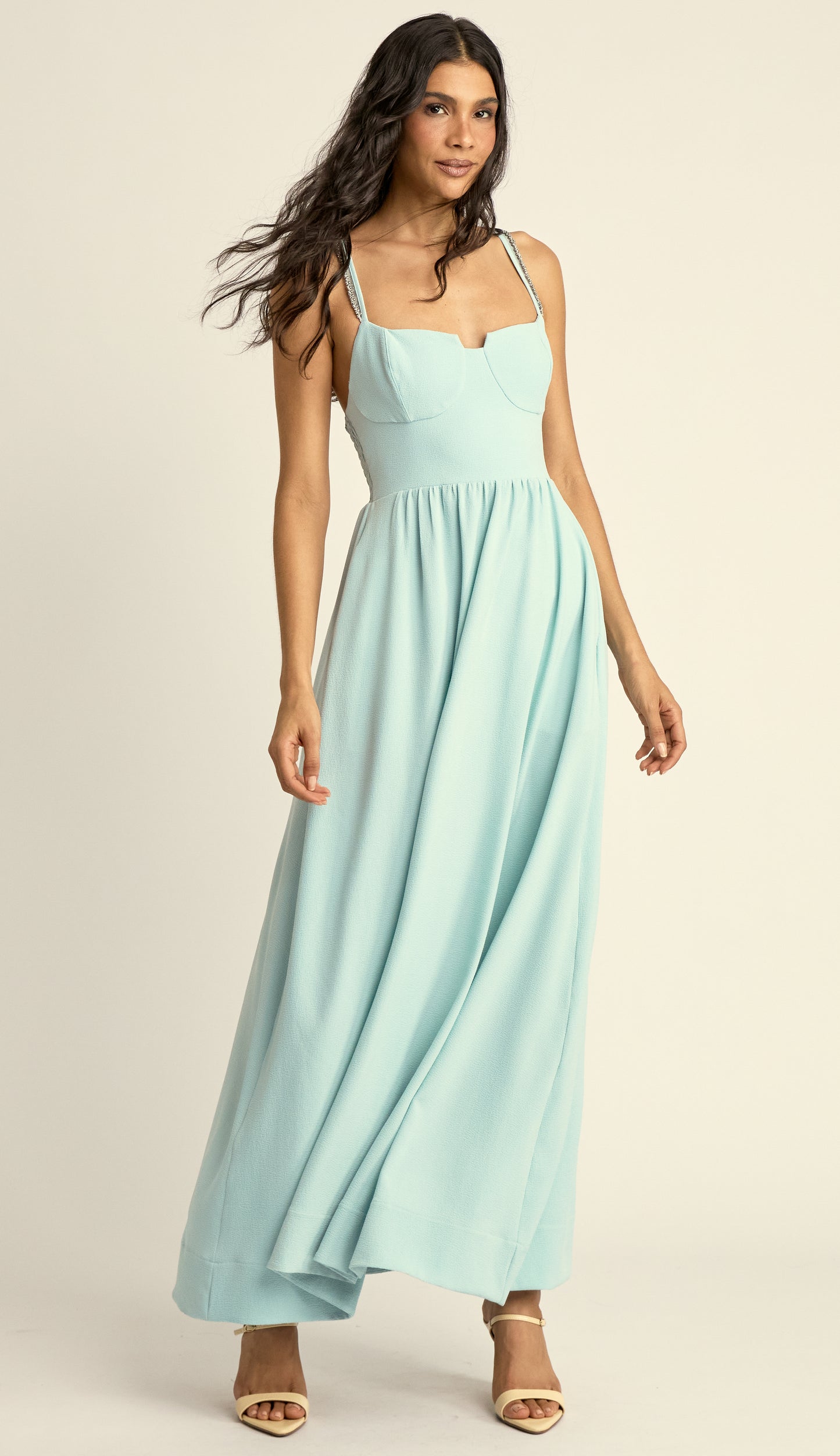 Vestido Evasê Corset Crepe Rayane Azul | Laguna
