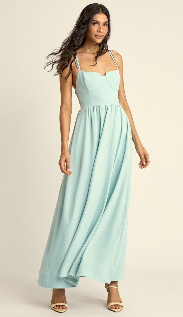 Vestido Evasê Corset Crepe Rayane Azul | Laguna