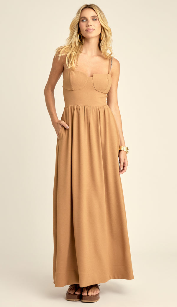 Vestido Evasê Corset Crepe Rayane Mocha | Laguna