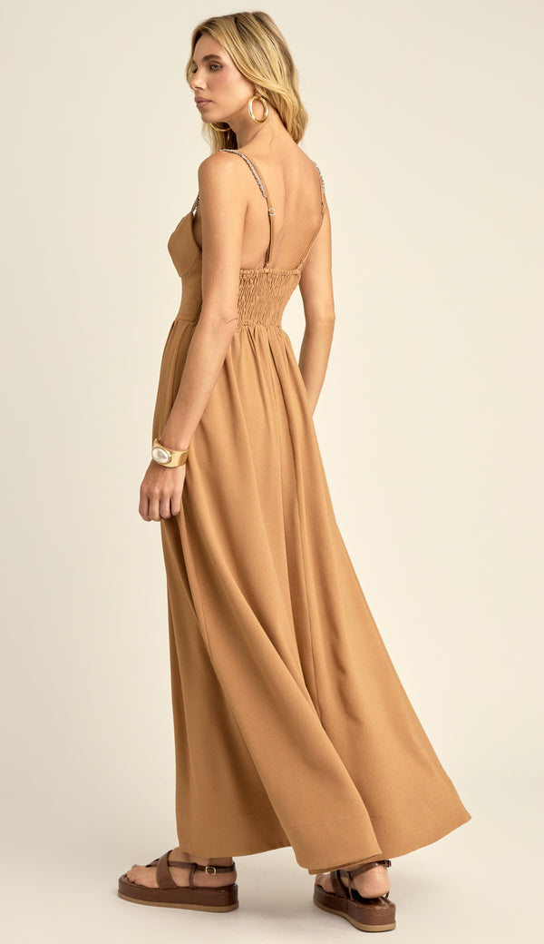 Vestido Evasê Corset Crepe Rayane Mocha | Laguna