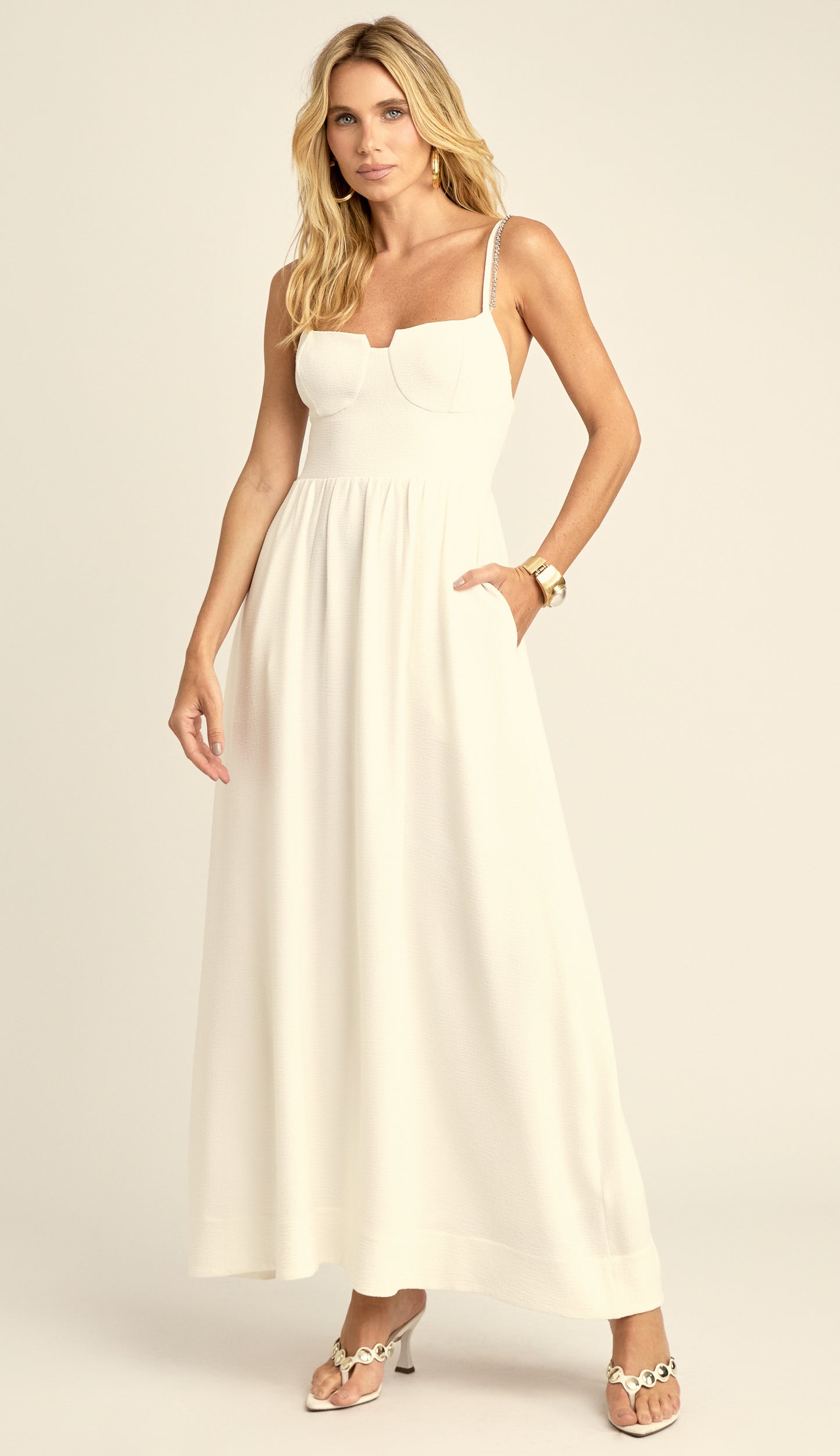 Vestido Evasê Corset Crepe Rayane Off White | Laguna