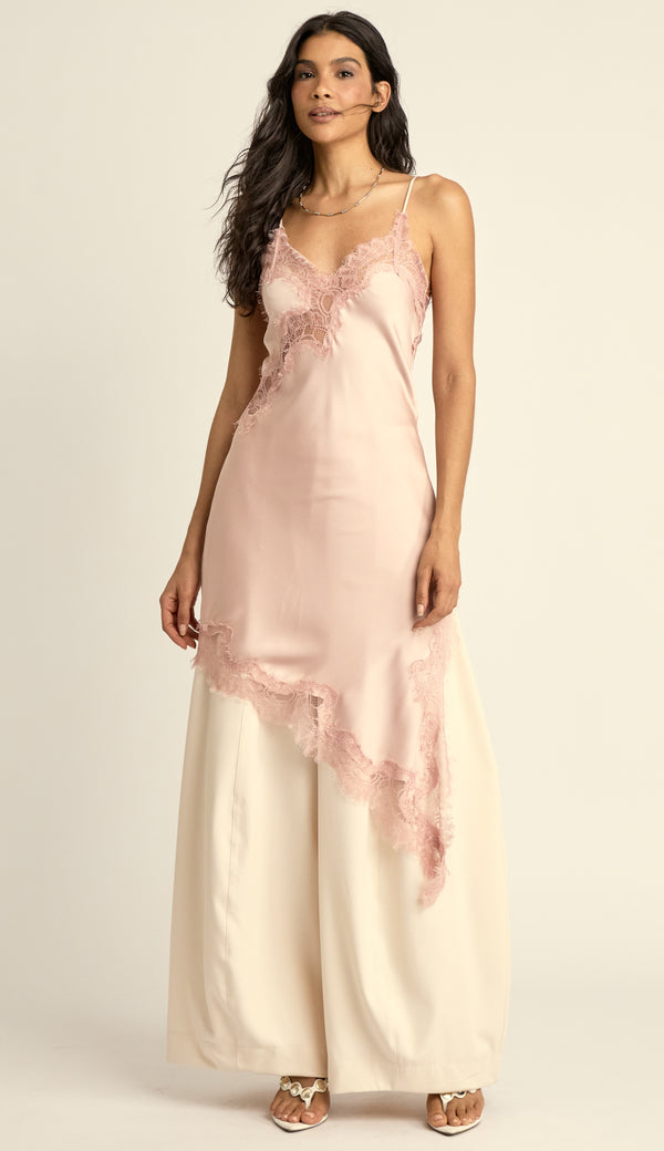 Vestido Assimétrico Slip Dress Acetinado Lua Rosê | Laguna