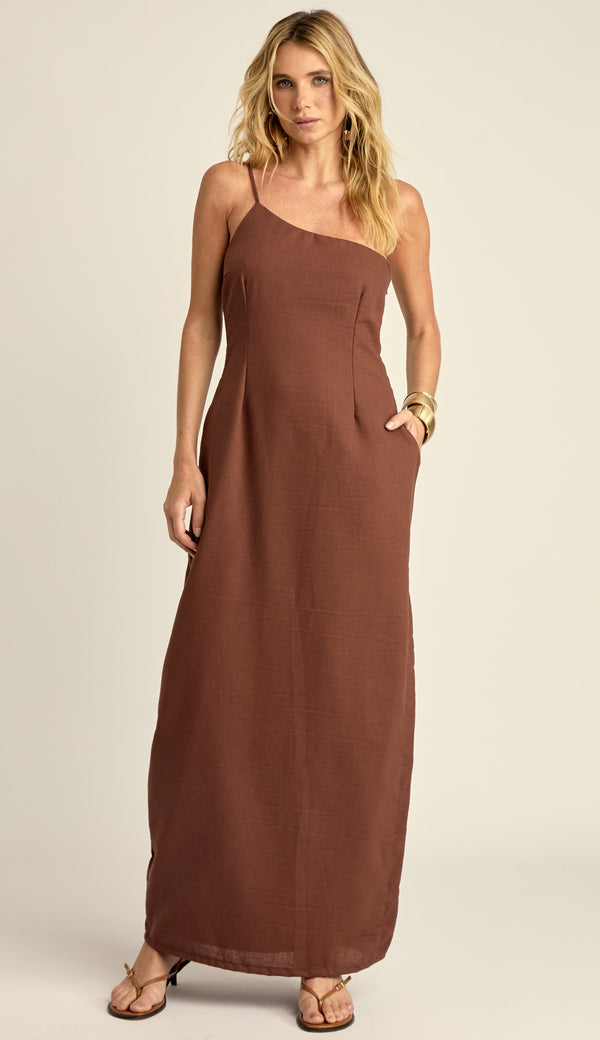Vestido Longo Ombro Único Linho Leca Café | Laguna