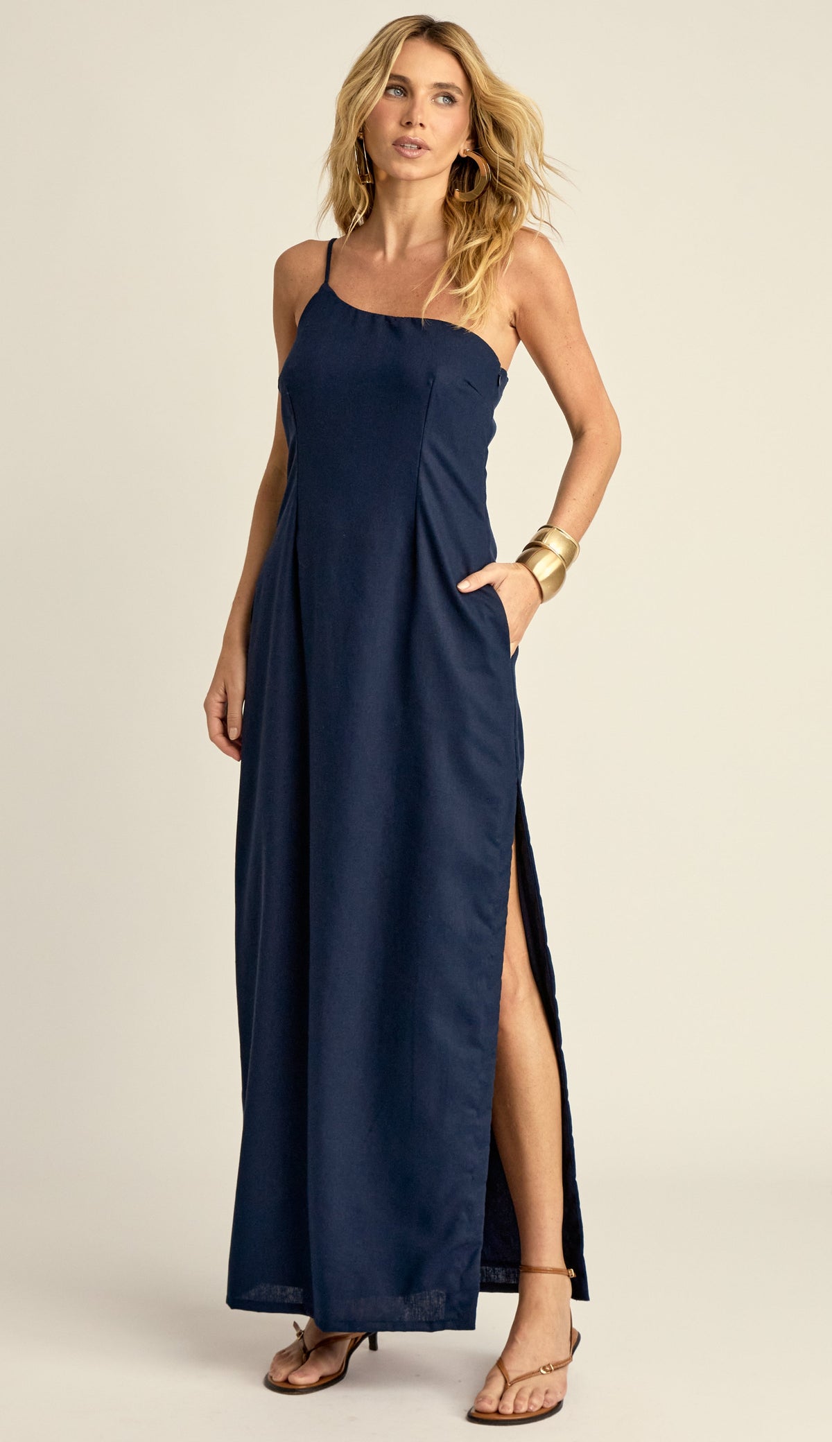 Vestido Longo Ombro Único Linho Leca Marinho | Laguna