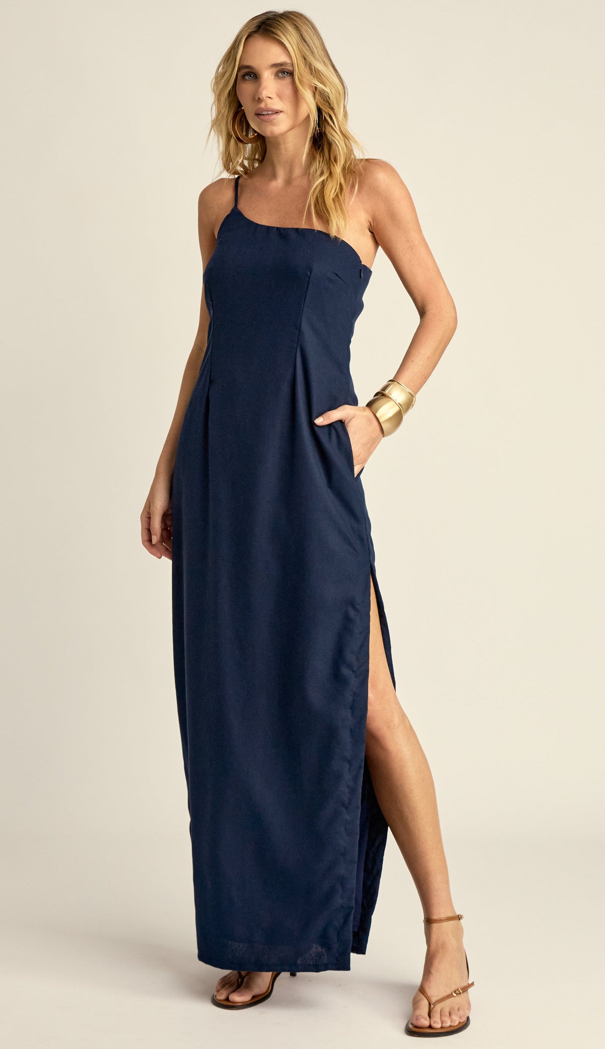 Vestido Longo Ombro Único Linho Leca Marinho | Laguna