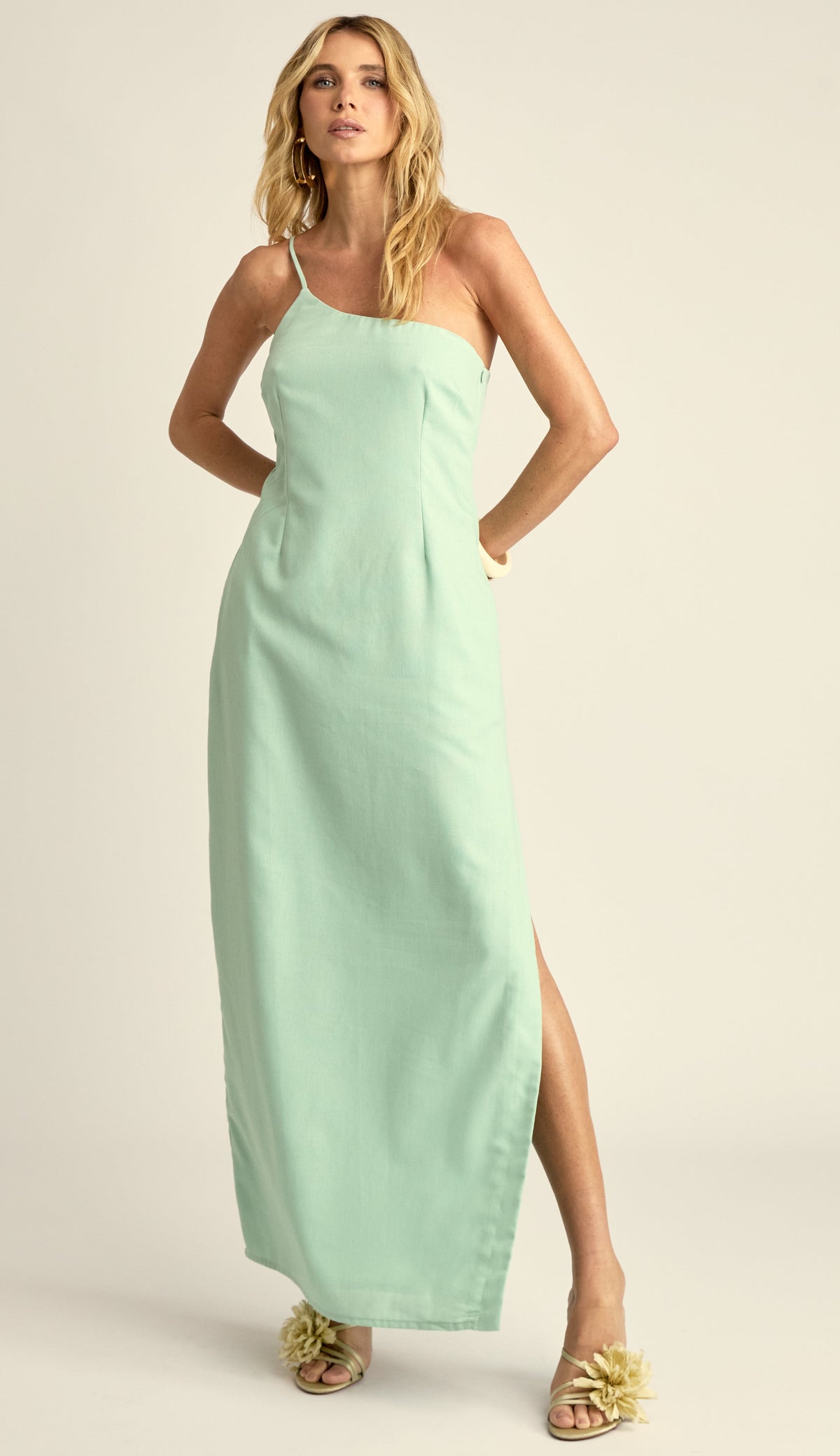 Vestido Longo Ombro Único Linho Leca Verde | Laguna