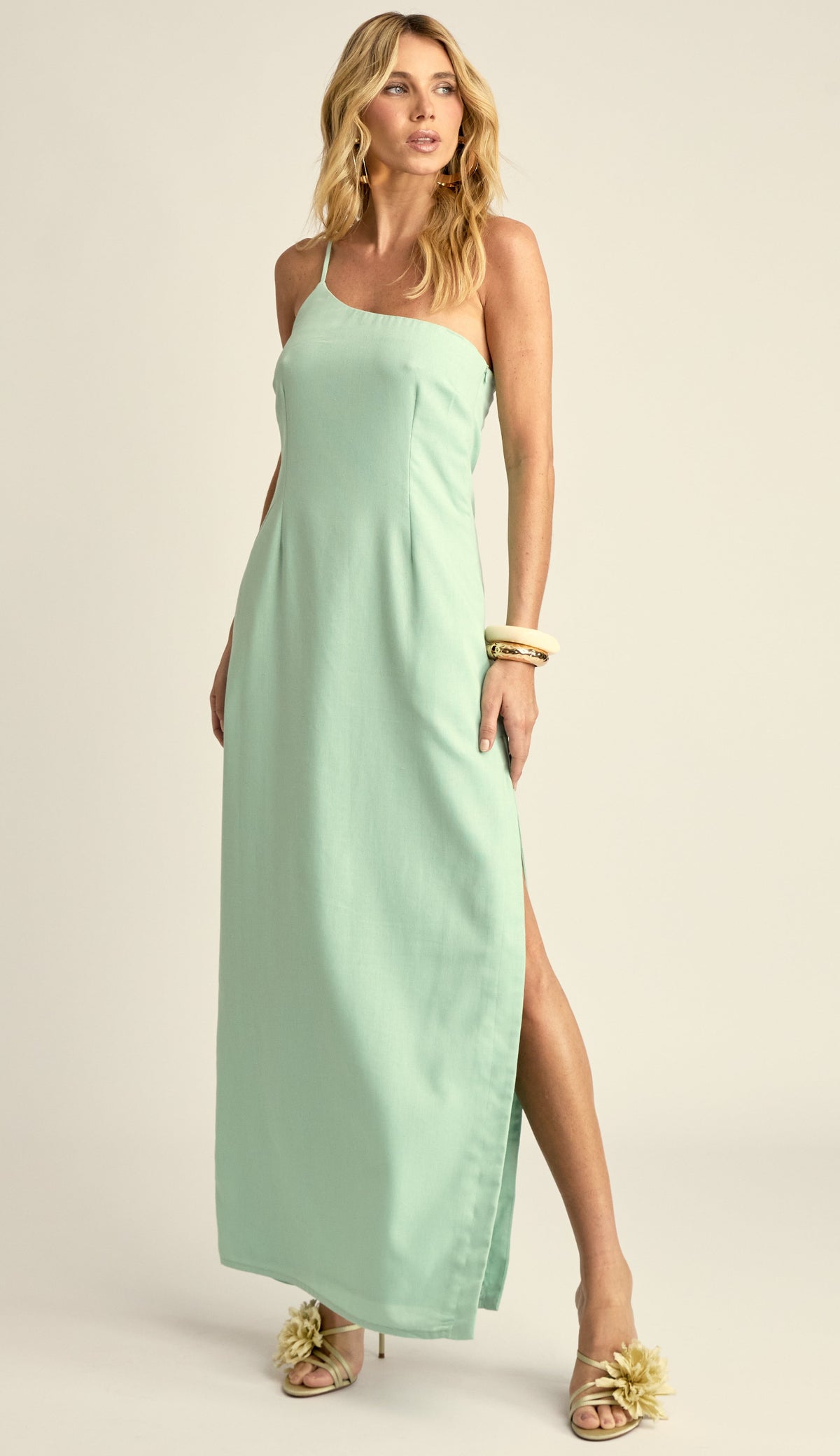 Vestido Longo Ombro Único Linho Leca Verde | Laguna