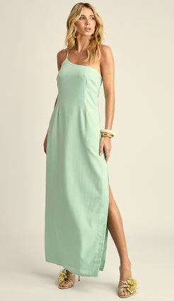 Vestido Longo Ombro Único Linho Leca Verde | Laguna