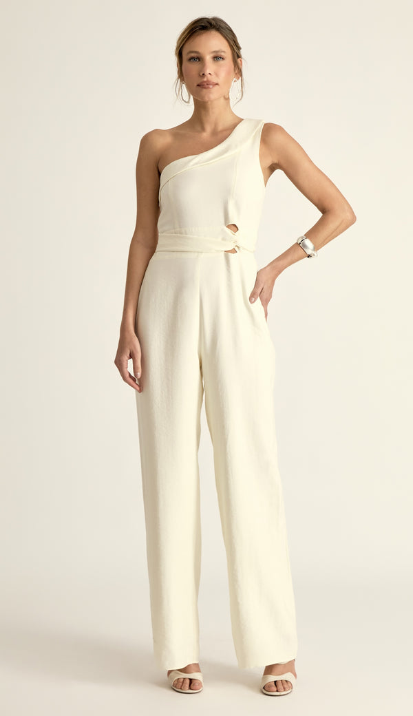 Macacão Sarja Viscose Ombro Só Gael Off White | Laguna