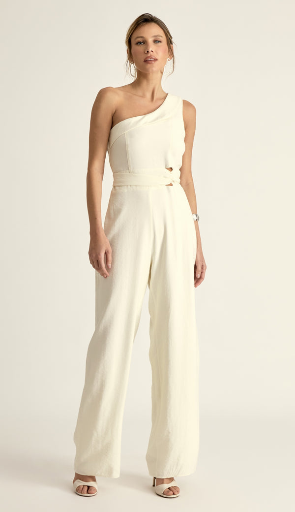 Macacão Sarja Viscose Ombro Só Gael Off White | Laguna