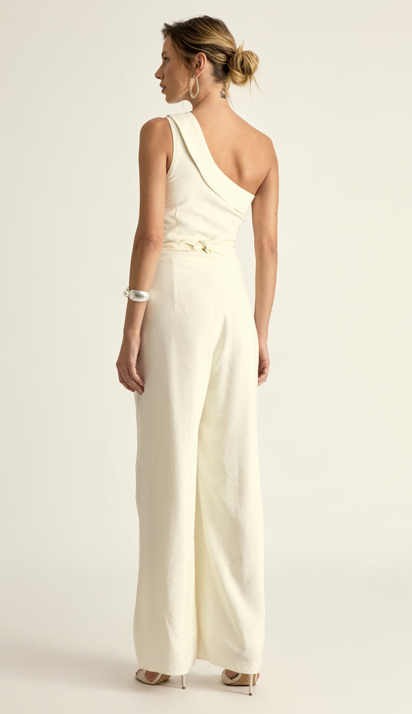 Macacão Sarja Viscose Ombro Só Gael Off White | Laguna
