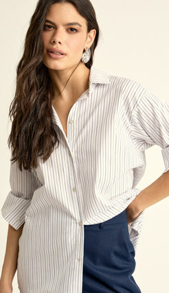 Camisa Oversized em Tricoline Risca de Giz Elis Marinho | Laguna