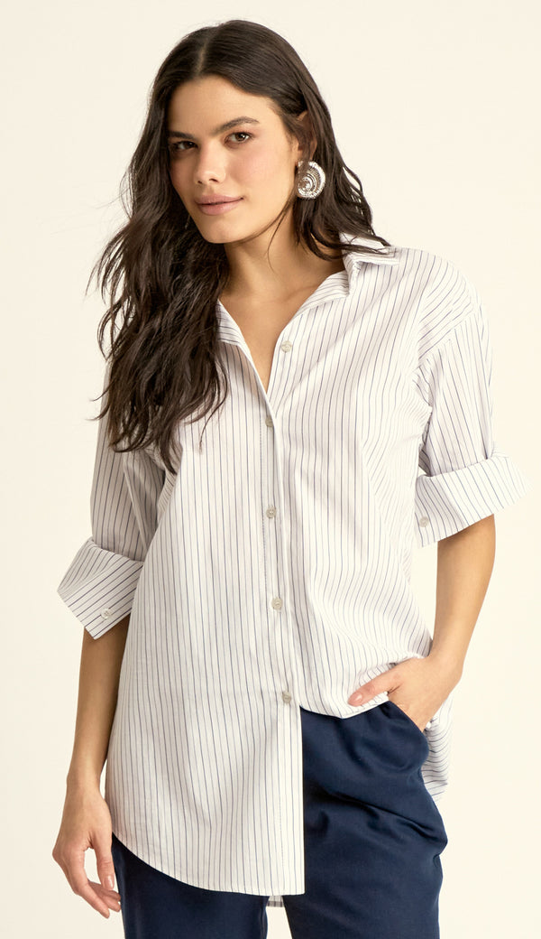 Camisa Oversized em Tricoline Risca de Giz Elis Marinho | Laguna