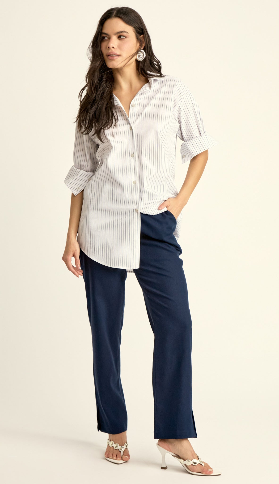 Camisa Oversized em Tricoline Risca de Giz Elis Marinho | Laguna