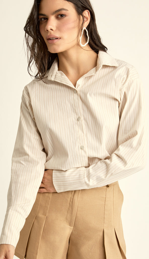Camisa Oversized em Tricoline Risca de Giz Elis Mocha | Laguna