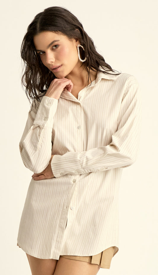 Camisa Oversized em Tricoline Risca de Giz Elis Mocha | Laguna