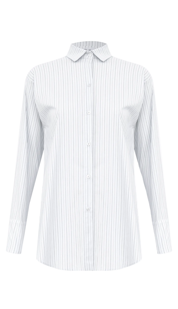 Camisa Oversized em Tricoline Risca de Giz Elis Marinho | Laguna