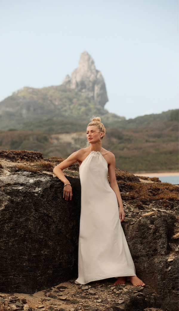 Vestido Longo Viscolinho Halter Madalena Natural | Laguna