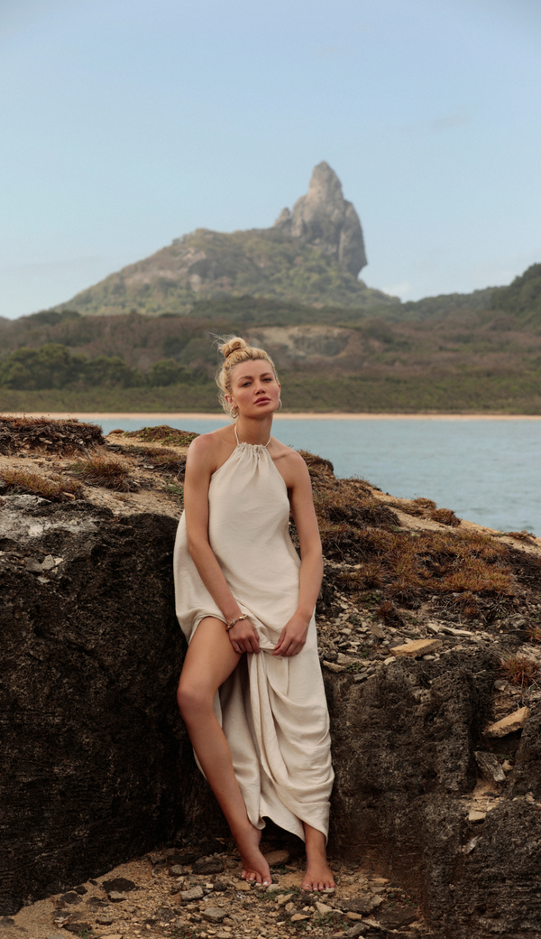 Vestido Longo Viscolinho Halter Madalena Natural | Laguna