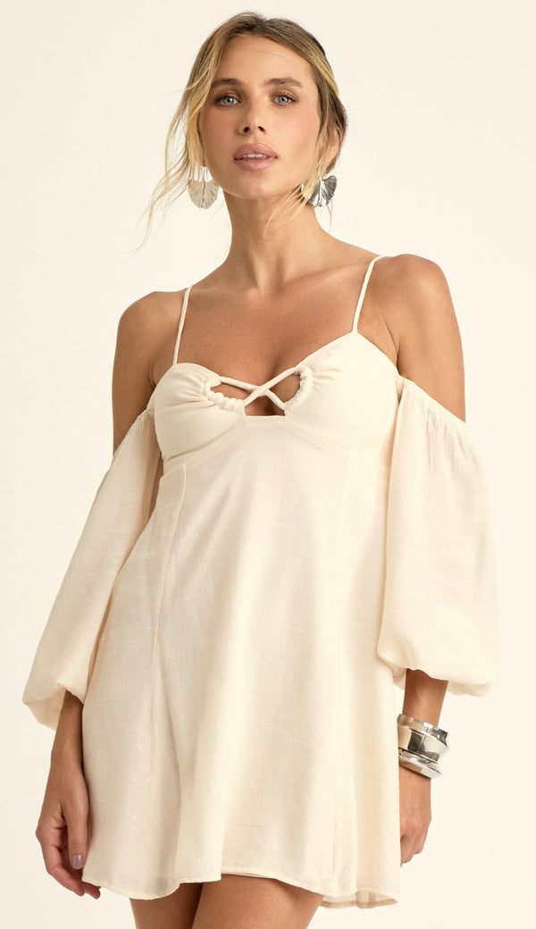 Vestido Curto em Poliviscose Texturizada Bálsamo Off | Laguna