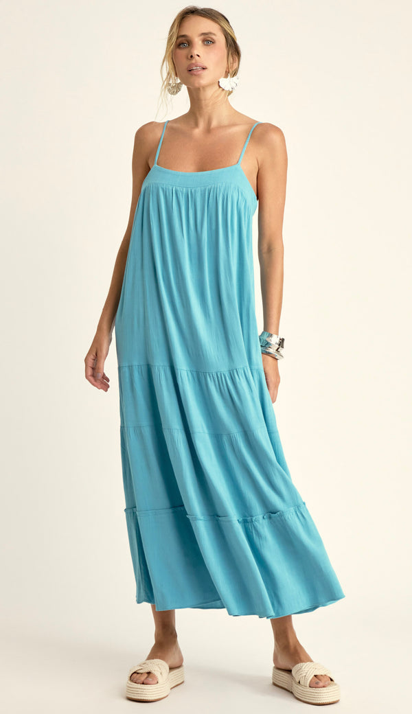 Vestido Midi em Viscose com Aspecto de Linho Camila Azul | Laguna