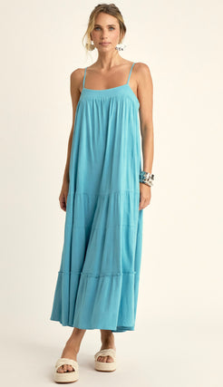 Vestido Midi em Viscose com Aspecto de Linho Camila Azul | Laguna