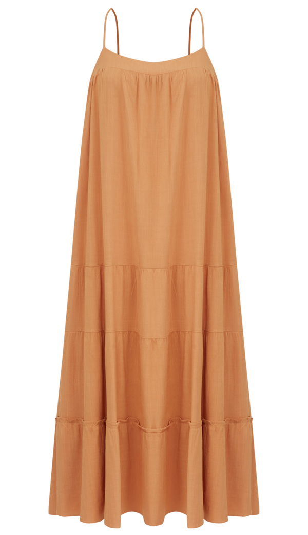 Vestido Midi em Viscose com Aspecto de Linho Camila Mocha | Laguna