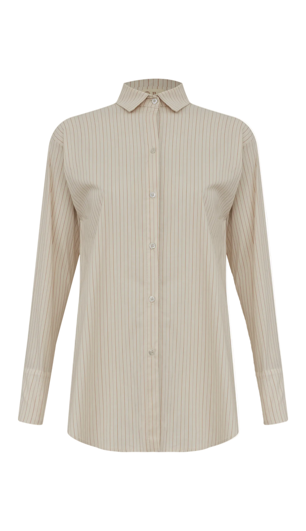 Camisa Oversized em Tricoline Risca de Giz Elis Mocha | Laguna