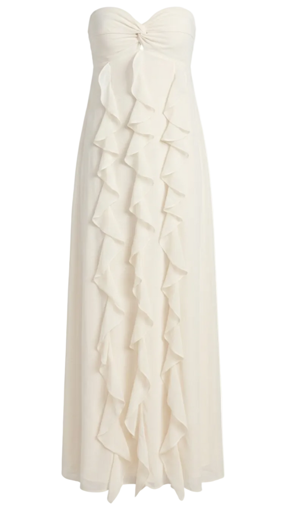 Vestido Longo Festa Crepe Babados Jamine Off White | Laguna