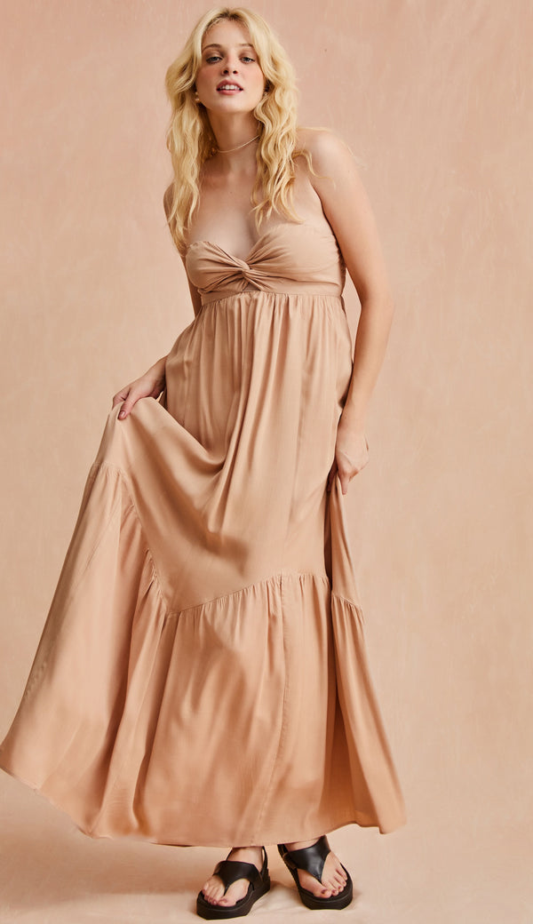 Vestido longo Marcela Natural com decote coração e nó no busto