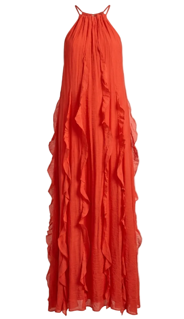 Vestido Longo Babados Poliviscose Moana Cereja | Laguna