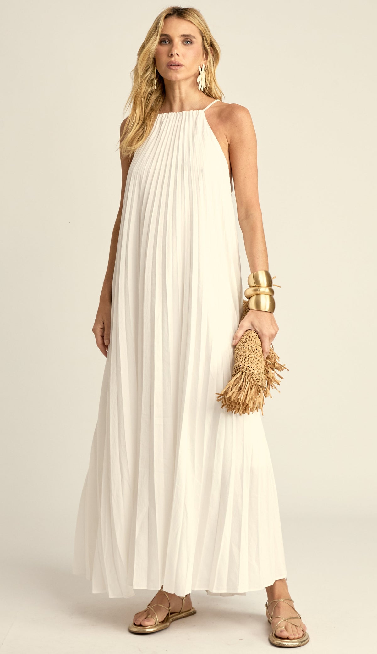 Vestido Longo Plissado Fonte Off White | Laguna