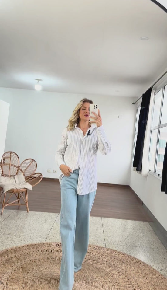 Camisa Oversized em Tricoline Risca de Giz Elis | Laguna