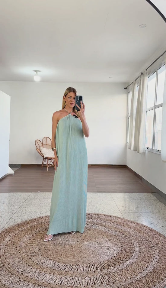 Vestido Festa Longo Plissado Crepe Alana | Laguna